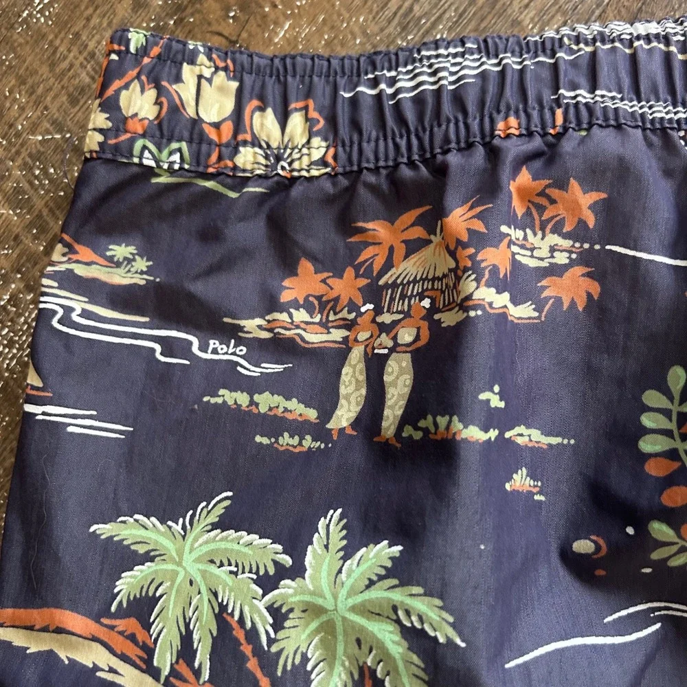 Vintage Polo Sport‎ Ralph Lauren Hawaiian Print Swim Trunks Navy Blue Mens XL